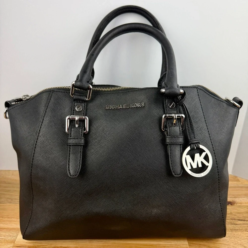 Michael Kors Ciara Satchel Black Saffiano Leather Silver Hardware Handbag